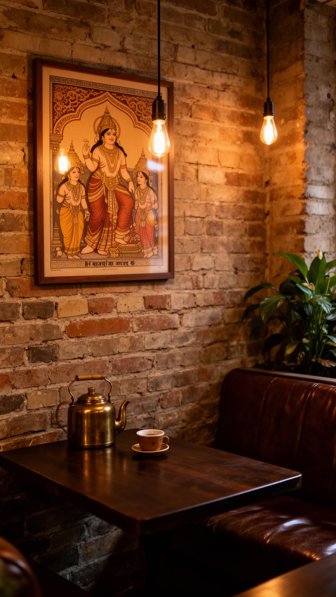 Vintage Indian poster art over a brass kettle in a brick-walled corner