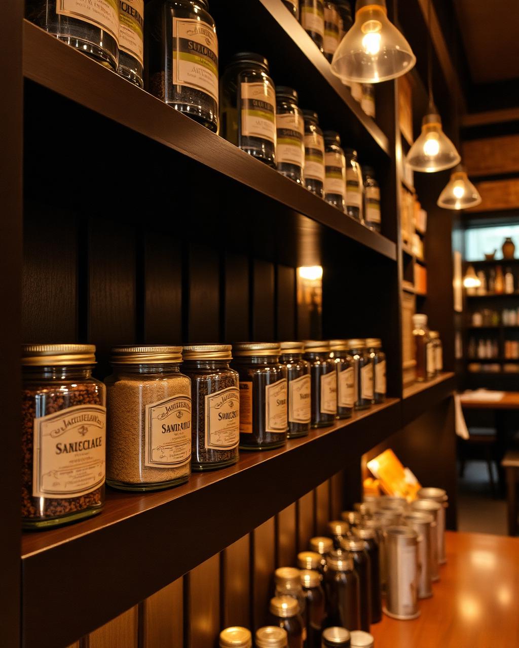 Spice apothecary shelf with brass-labelled jars