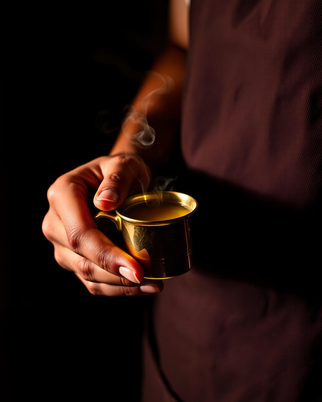 Hands holding a small brass cup of steaming chai