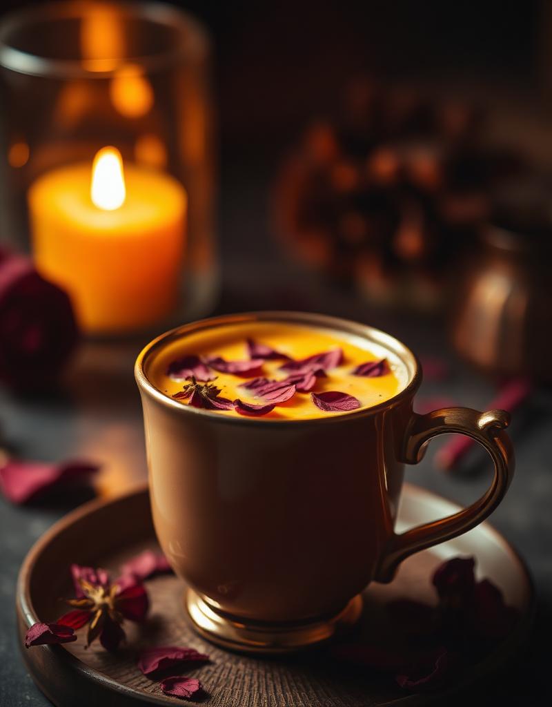 Chai spices and a glass of chai on a warm surface