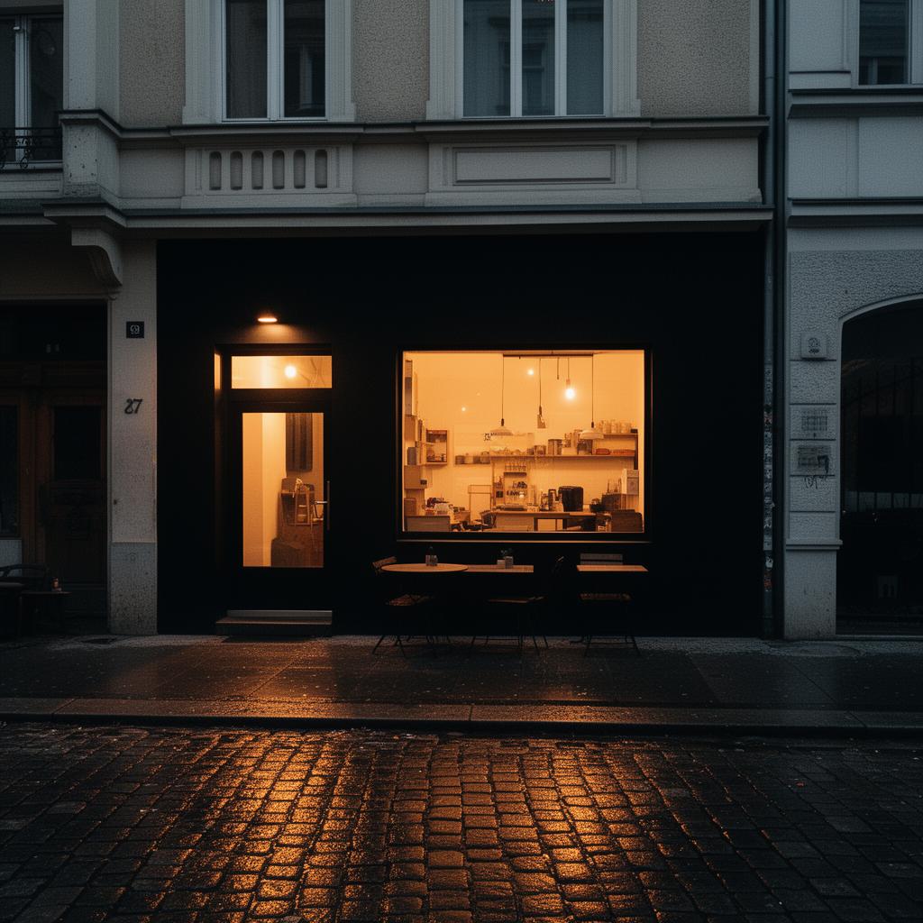 Café exterior at dusk with warm light spilling on cobblestones