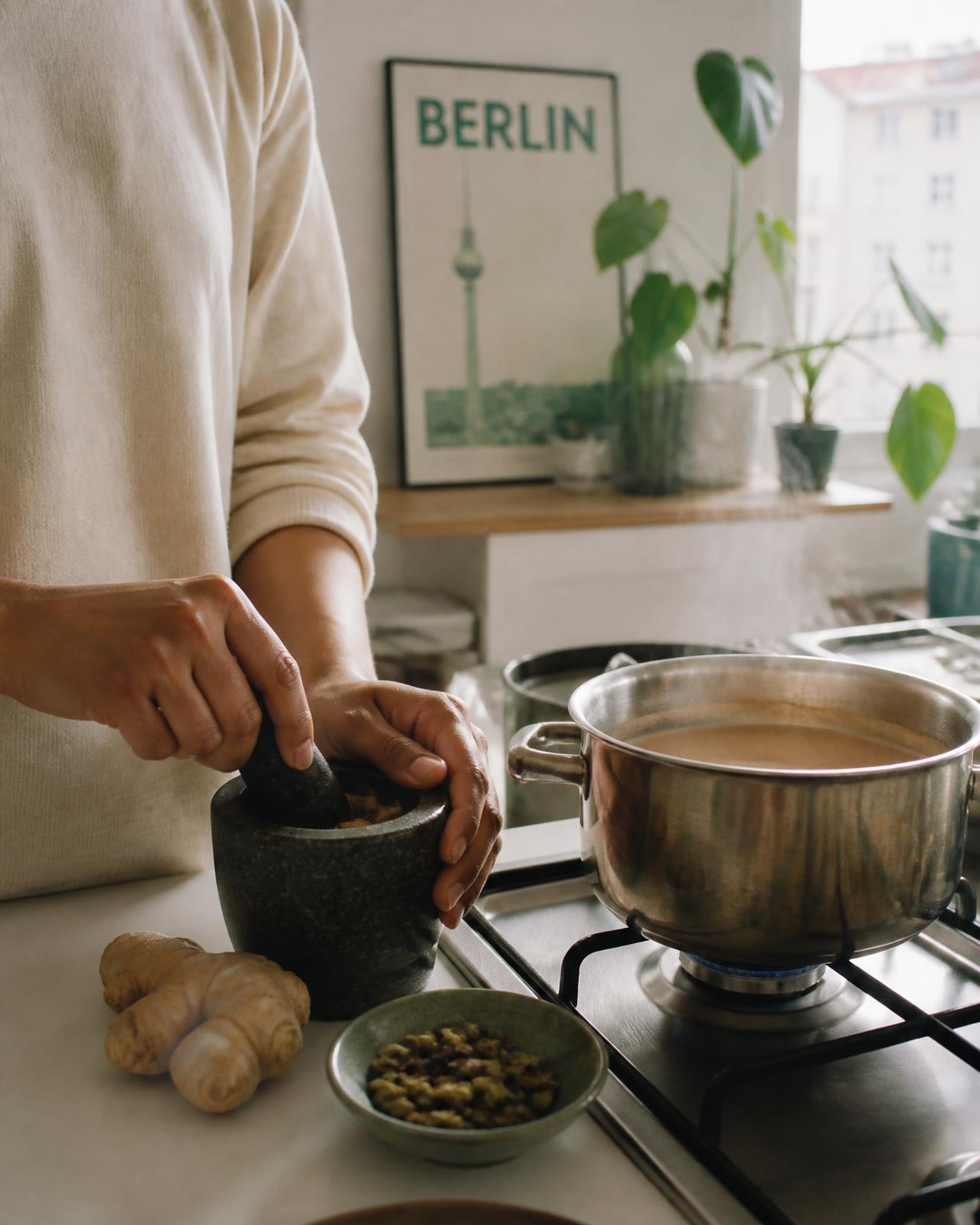 Founder photo placeholder: hands crushing ginger and cardamom beside a pot of chai in a Berlin kitchen