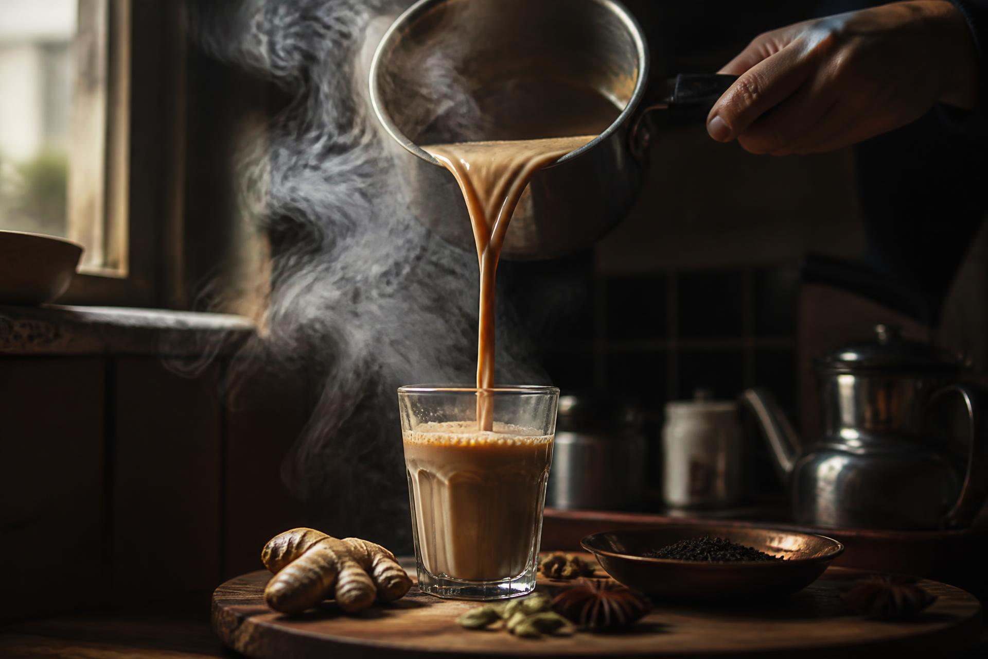 Masala chai poured from a steel pot into a glass with steam rising